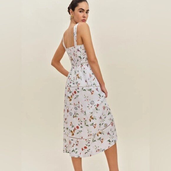 NEW Reformation Everett Linen Midi Dress Corsini White Multi Floral | US 0 UK 4 - Picture 3 of 16